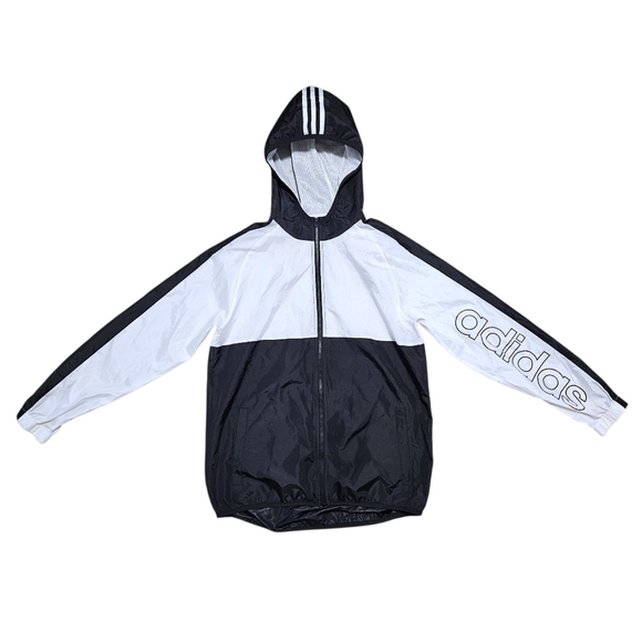 Adidas Windbreaker Jacket Youth L 14/16 Black White Full Zip Hooded Logo Retro - Picture 1 of 14